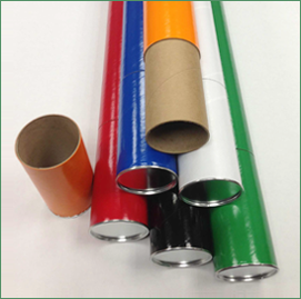 Group of telescopic mailing tubes in different colors with metal plugs
