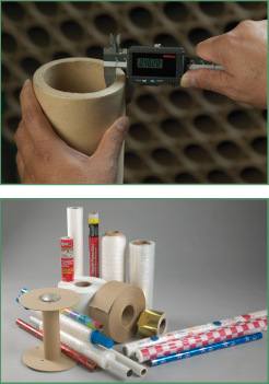 Top Photo: Using calipers to precisely measure the thickness of a core. Bottom Photo: Variety of items that use cores including wrapping paper, ribbon, shrink wrap, paper tape and bubble wrap